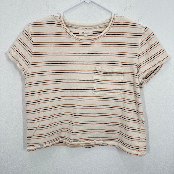 Madewell Women's Size XS Cropped Striped Pocket T Shirt Cream Rust Black Cotton - Picture 2 of 8